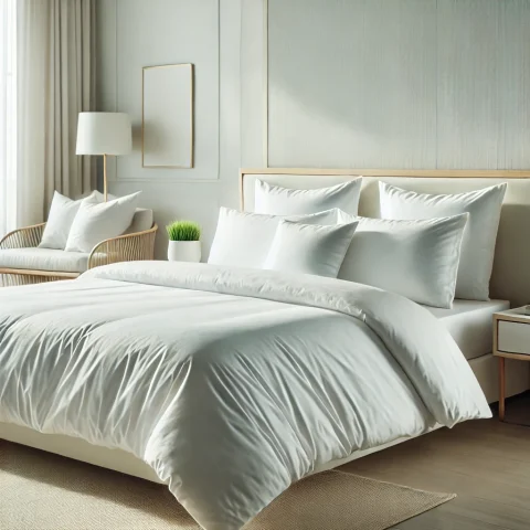 Bright guest-ready bed with crisp white bed linen.