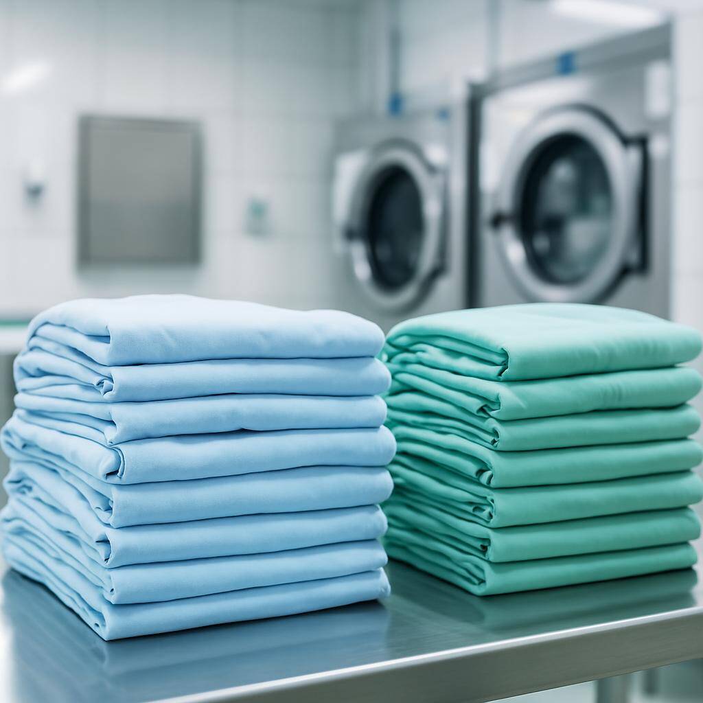 Hygienically laundered light blue and green medical linens in a sterile environment