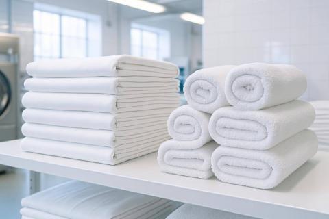 Professionally laundered white hotel bed linen and towels stacked neatly for guest-room turnaround.