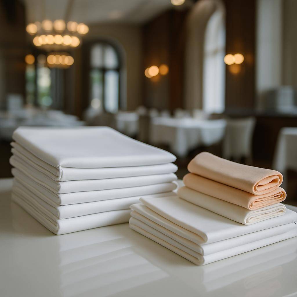 Crisp, clean white and subtly colored restaurant linens, including tablecloths and napkins, neatly folded